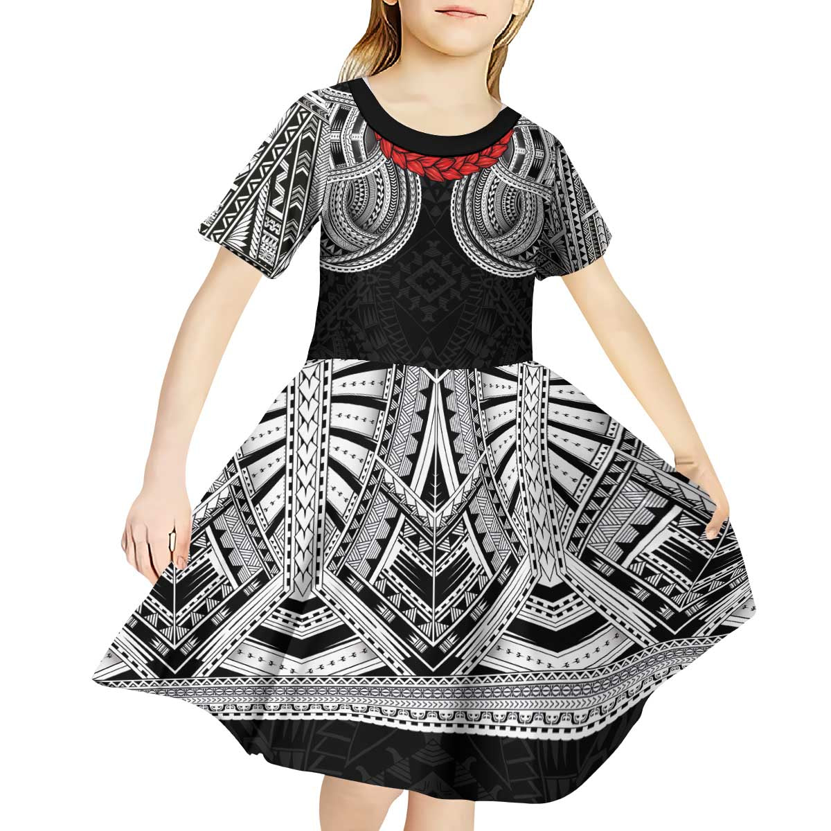 Samoan Traditional Art Tattoos Kid Short Sleeve Dress Tatau Tribal Motifs with Ula Fala Black - Polynesian Pride