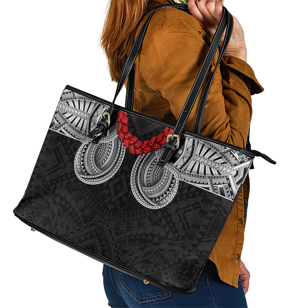 Samoan Traditional Art Tattoos Leather Tote Bag Tatau Tribal Motifs with Ula Fala Black - Polynesian Pride