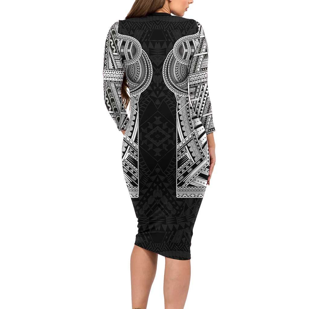Samoan Traditional Art Tattoos Long Sleeve Bodycon Dress Tatau Tribal Motifs with Ula Fala Black - Polynesian Pride