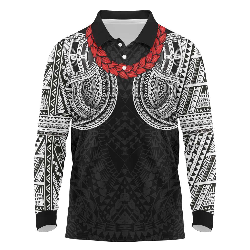 Samoan Traditional Art Tattoos Long Sleeve Polo Shirt Tatau Tribal Motifs with Ula Fala Black - Polynesian Pride