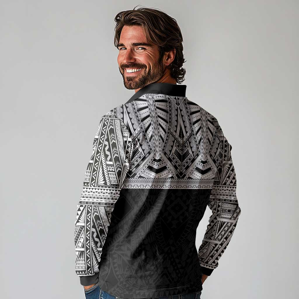 Samoan Traditional Art Tattoos Long Sleeve Polo Shirt Tatau Tribal Motifs with Ula Fala Black - Polynesian Pride