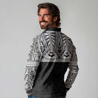 Samoan Traditional Art Tattoos Long Sleeve Polo Shirt Tatau Tribal Motifs with Ula Fala Black - Polynesian Pride