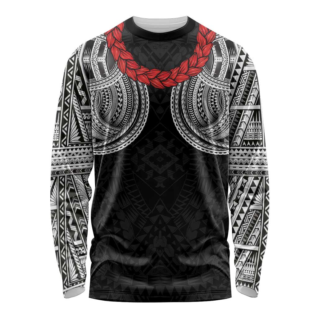 Samoan Traditional Art Tattoos Long Sleeve Shirt Tatau Tribal Motifs with Ula Fala Black - Polynesian Pride