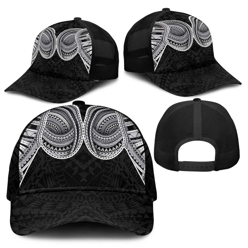 Samoan Traditional Art Tattoos Mesh Trucker Cap Tatau Tribal Motifs with Ula Fala Black - Polynesian Pride