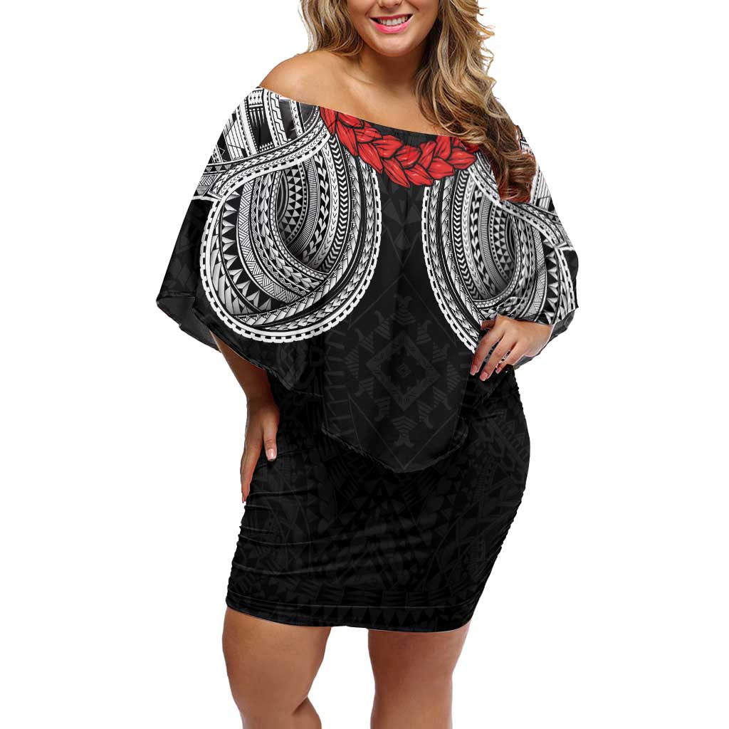 Samoan Traditional Art Tattoos Off Shoulder Short Dress Tatau Tribal Motifs with Ula Fala Black - Polynesian Pride