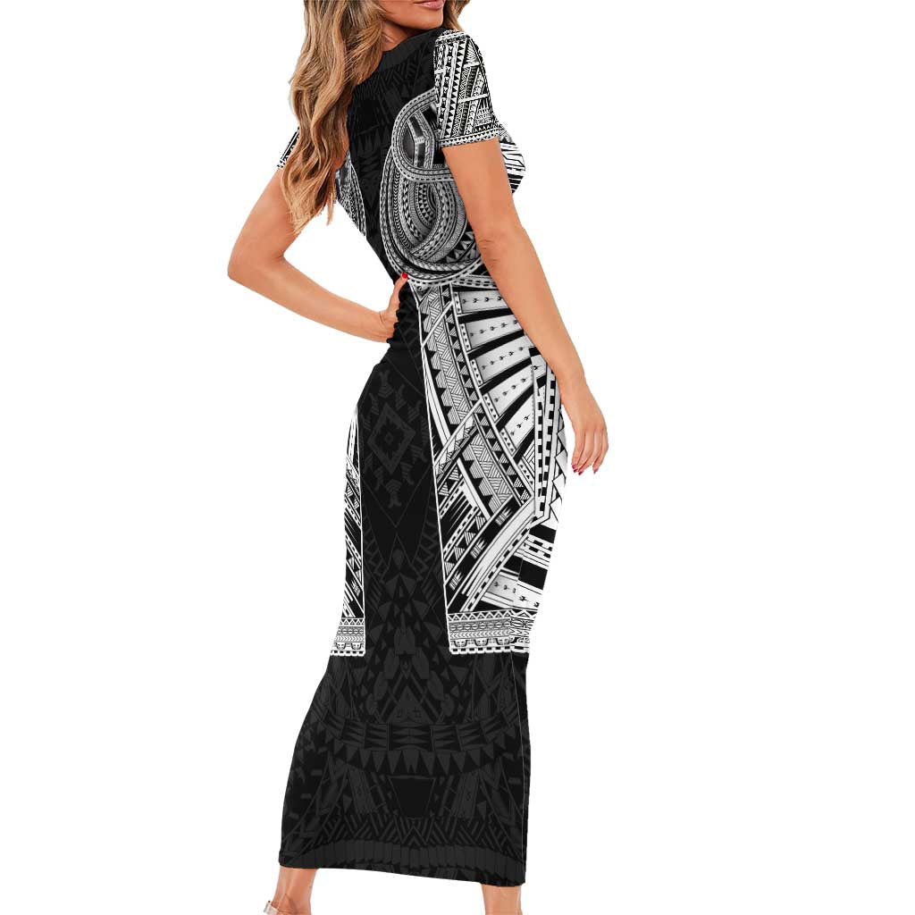 Samoan Traditional Art Tattoos Short Sleeve Bodycon Dress Tatau Tribal Motifs with Ula Fala Black - Polynesian Pride