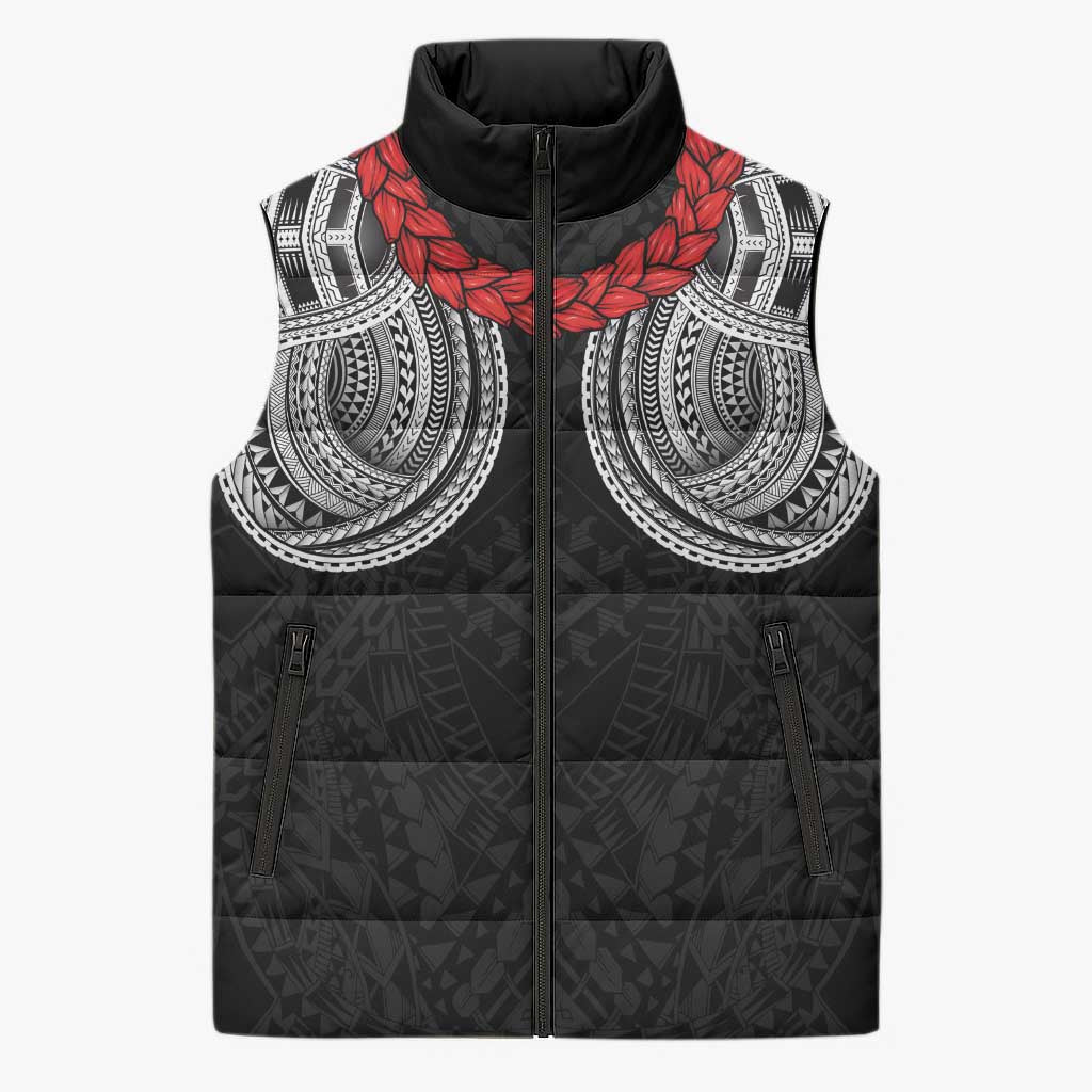 Samoan Traditional Art Tattoos Sleeveless Puffer Jacket Tatau Tribal Motifs with Ula Fala Black - Polynesian Pride