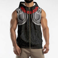 Samoan Traditional Art Tattoos Sleeveless Zip Hoodie Tatau Tribal Motifs with Ula Fala Black - Polynesian Pride