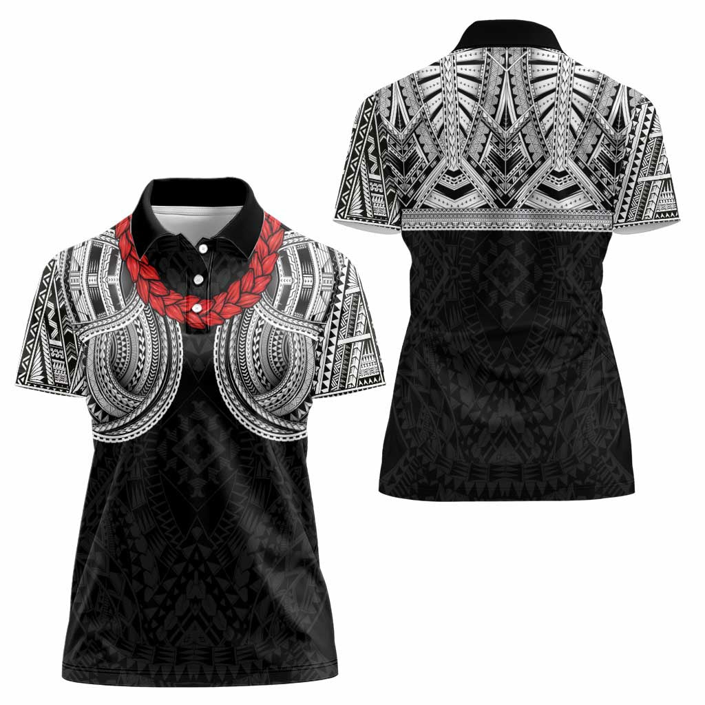 Samoan Traditional Art Tattoos Women Polo Shirt Tatau Tribal Motifs with Ula Fala Black - Polynesian Pride