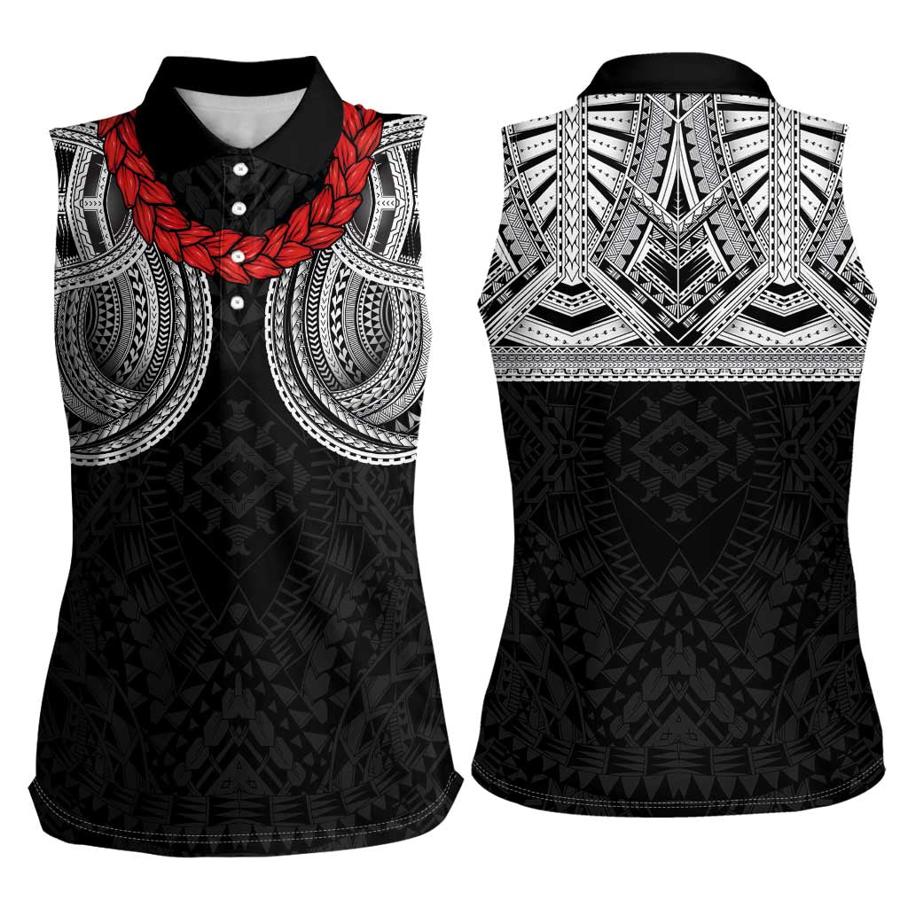 Samoan Traditional Art Tattoos Women Sleeveless Polo Shirt Tatau Tribal Motifs with Ula Fala Black - Polynesian Pride