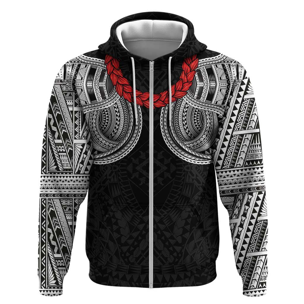Samoan Traditional Art Tattoos Zip Hoodie Tatau Tribal Motifs with Ula Fala Black - Polynesian Pride