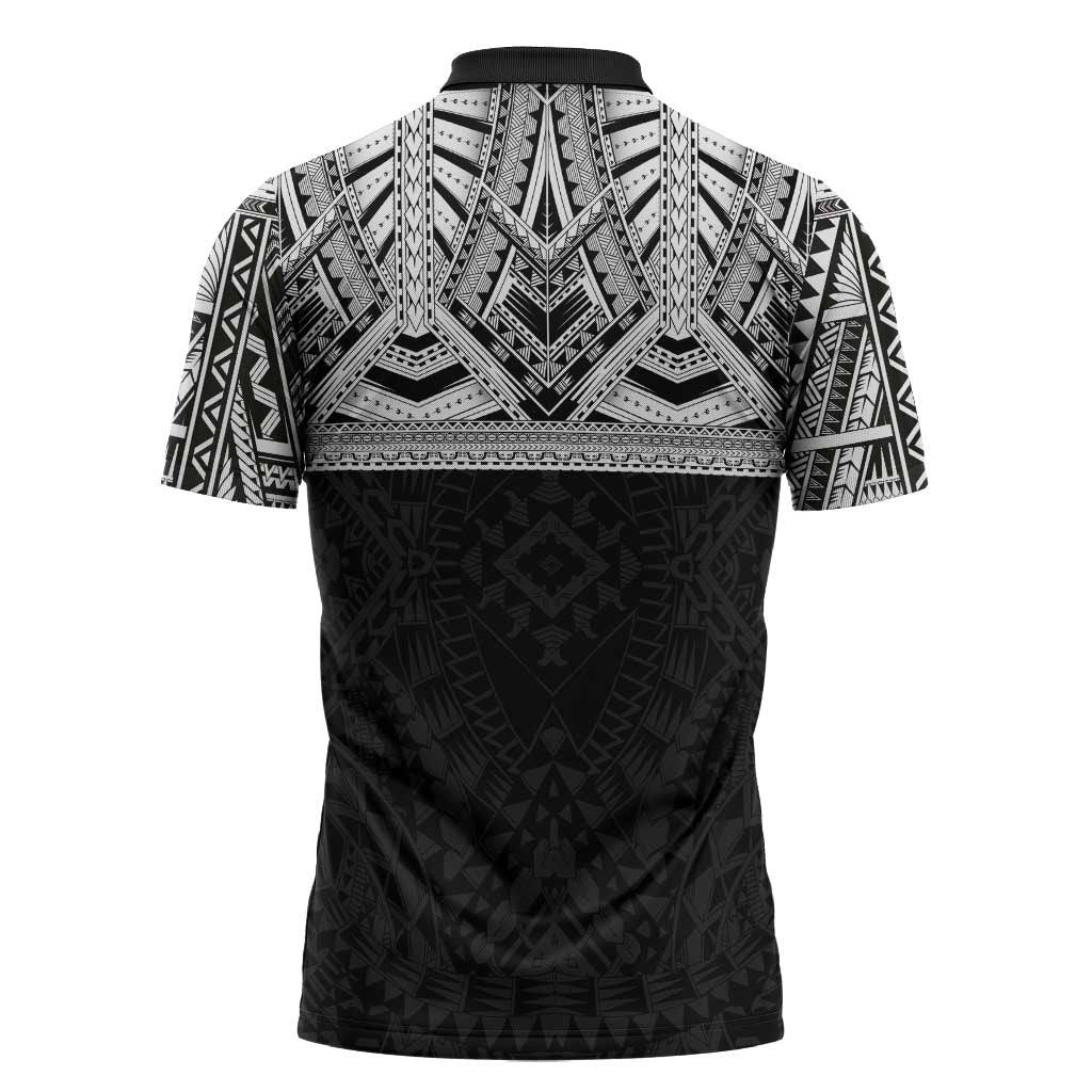 Samoan Traditional Art Tattoos Zipper Polo Shirt Tatau Tribal Motifs with Ula Fala Black - Polynesian Pride