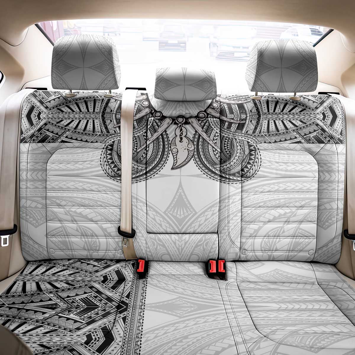Samoan Traditional Art Tattoos Back Car Seat Cover Tatau Tribal Motifs with Ula Nifo White - Polynesian Pride
