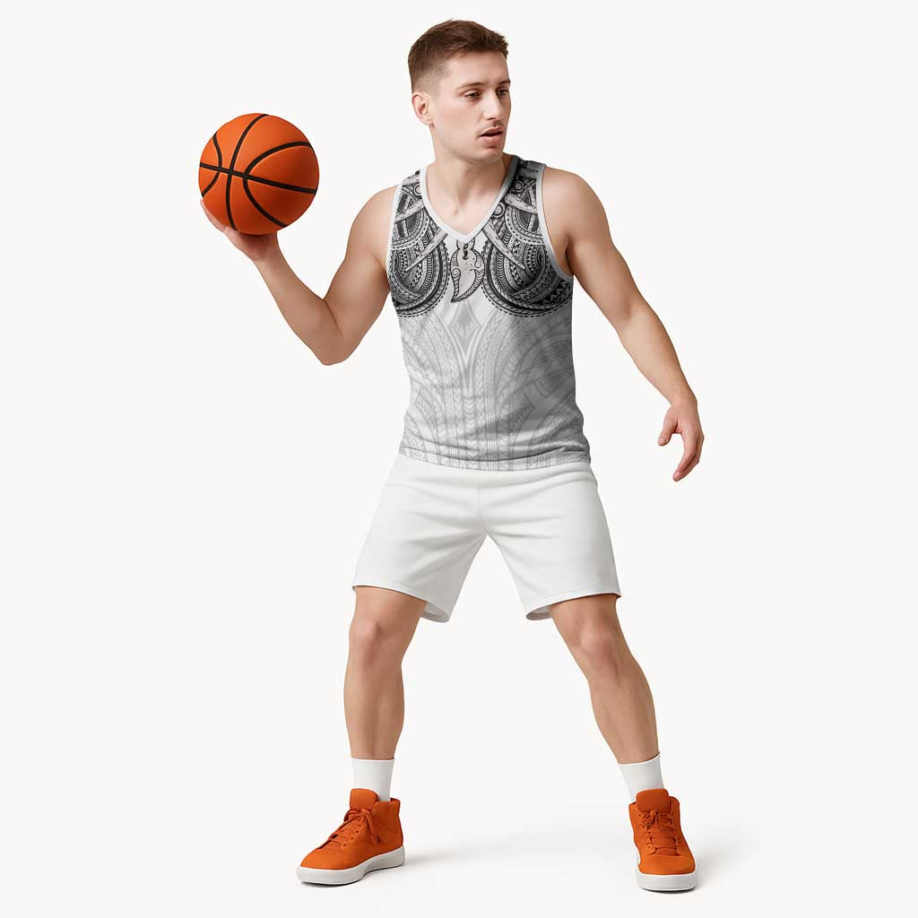 Samoan Traditional Art Tattoos Basketball Jersey Tatau Tribal Motifs with Ula Nifo White - Polynesian Pride