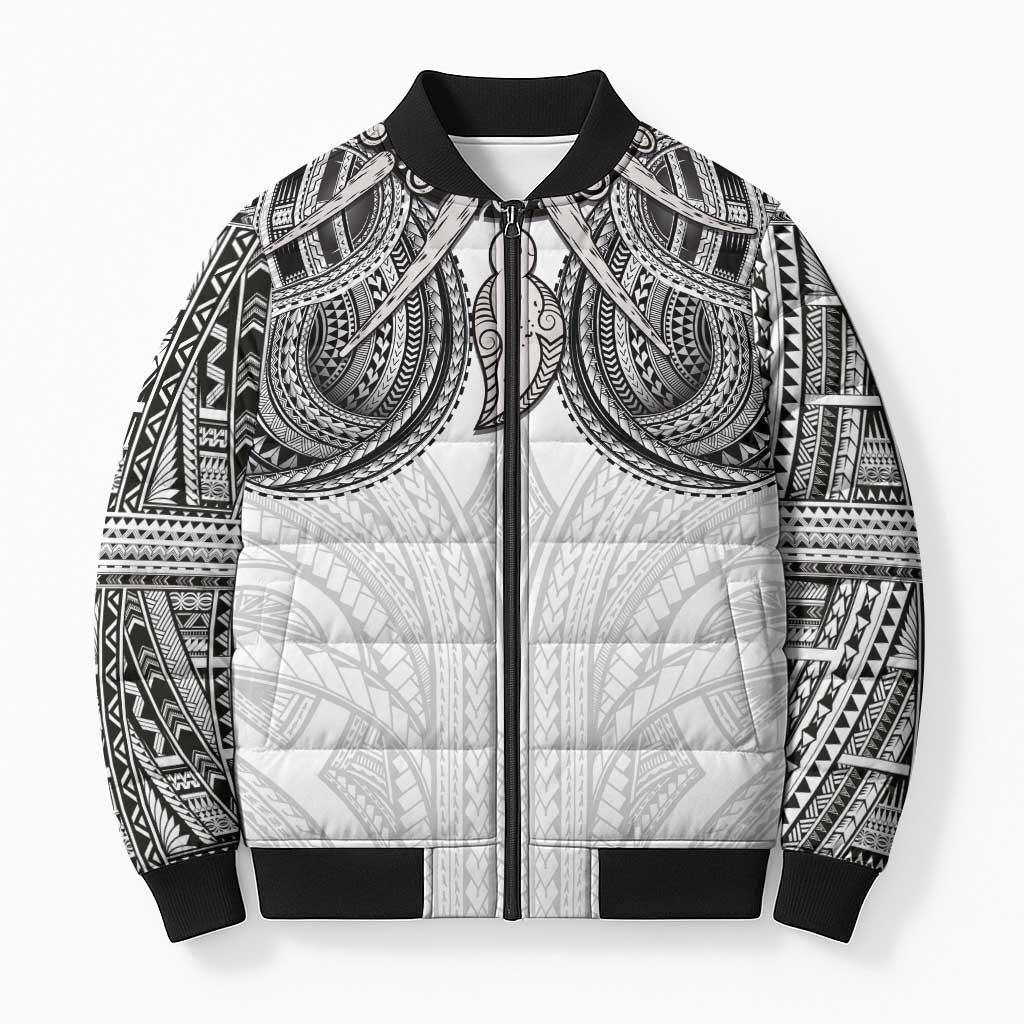 Samoan Traditional Art Tattoos Bomber Puffer Jacket Tatau Tribal Motifs with Ula Nifo White - Polynesian Pride