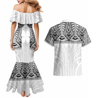 Samoan Traditional Art Tattoos Couples Matching Mermaid Dress and Hawaiian Shirt Tatau Tribal Motifs with Ula Nifo White - Polynesian Pride