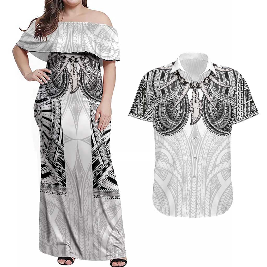 Samoan Traditional Art Tattoos Couples Matching Off Shoulder Maxi Dress and Hawaiian Shirt Tatau Tribal Motifs with Ula Nifo White - Polynesian Pride