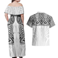Samoan Traditional Art Tattoos Couples Matching Off Shoulder Maxi Dress and Hawaiian Shirt Tatau Tribal Motifs with Ula Nifo White - Polynesian Pride