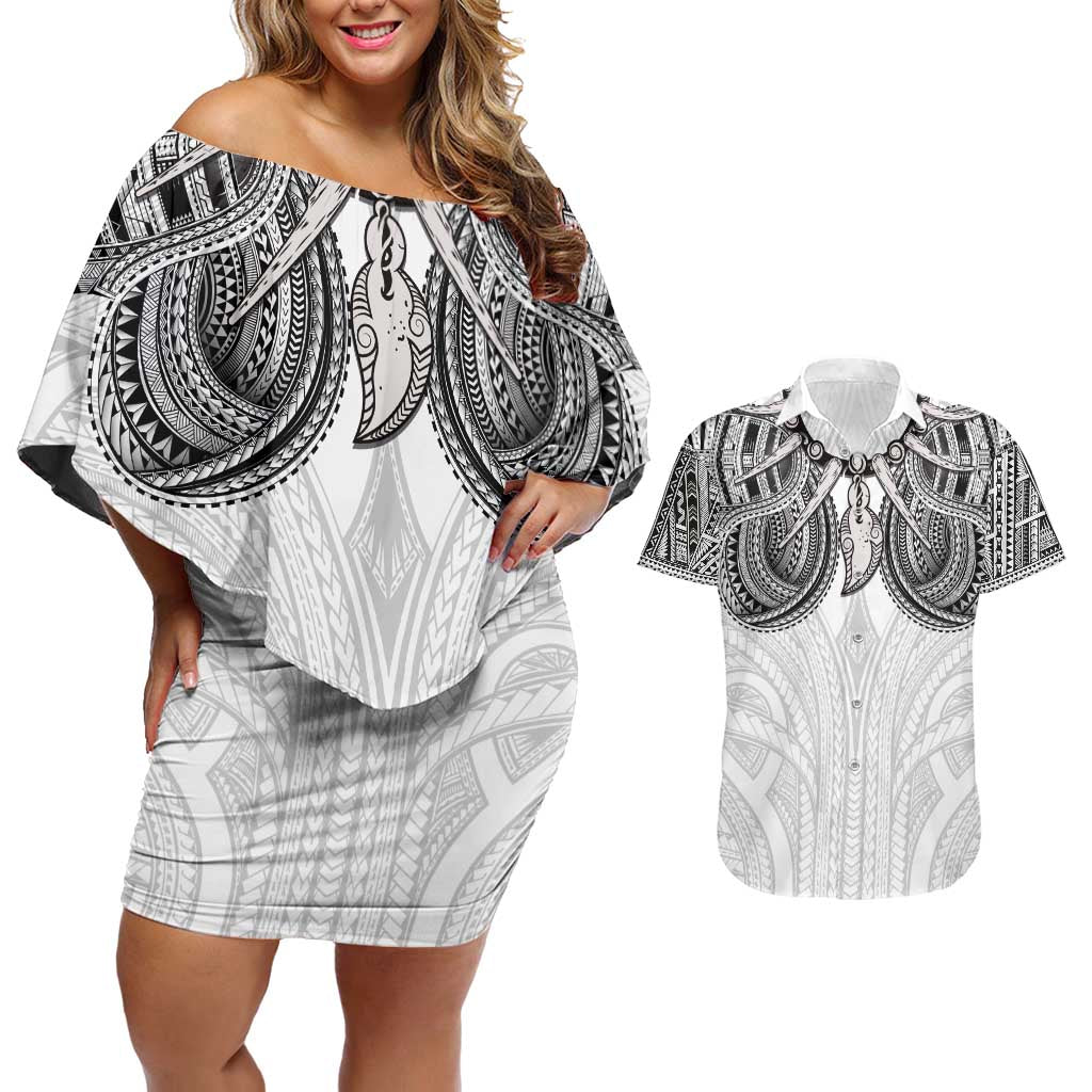 Samoan Traditional Art Tattoos Couples Matching Off Shoulder Short Dress and Hawaiian Shirt Tatau Tribal Motifs with Ula Nifo White - Polynesian Pride