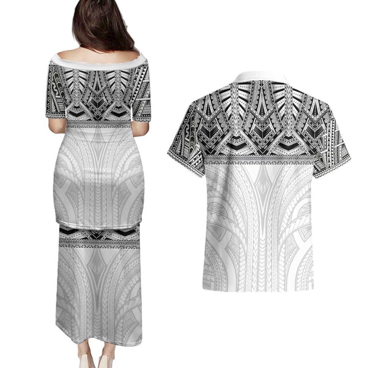 Samoan Traditional Art Tattoos Couples Matching Puletasi and Hawaiian Shirt Tatau Tribal Motifs with Ula Nifo White - Polynesian Pride