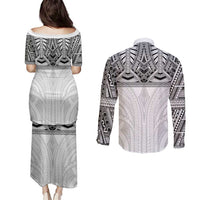 Samoan Traditional Art Tattoos Couples Matching Puletasi and Long Sleeve Button Shirt Tatau Tribal Motifs with Ula Nifo White - Polynesian Pride