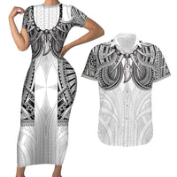 Samoan Traditional Art Tattoos Couples Matching Short Sleeve Bodycon Dress and Hawaiian Shirt Tatau Tribal Motifs with Ula Nifo White - Polynesian Pride