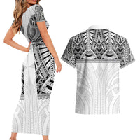Samoan Traditional Art Tattoos Couples Matching Short Sleeve Bodycon Dress and Hawaiian Shirt Tatau Tribal Motifs with Ula Nifo White - Polynesian Pride