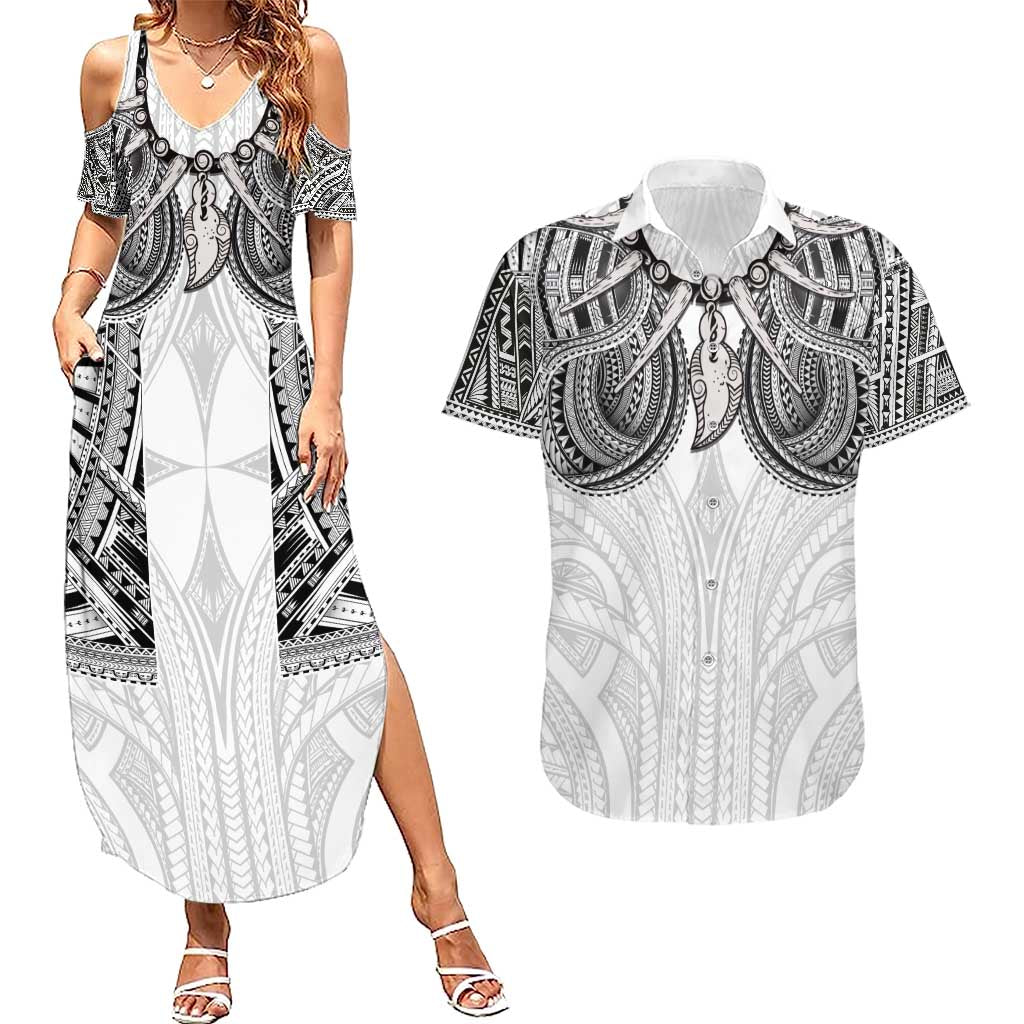 Samoan Traditional Art Tattoos Couples Matching Summer Maxi Dress and Hawaiian Shirt Tatau Tribal Motifs with Ula Nifo White - Polynesian Pride