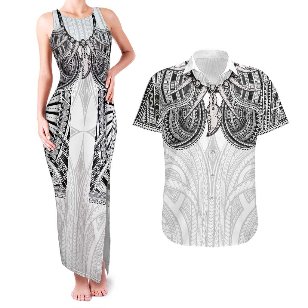 Samoan Traditional Art Tattoos Couples Matching Tank Maxi Dress and Hawaiian Shirt Tatau Tribal Motifs with Ula Nifo White - Polynesian Pride