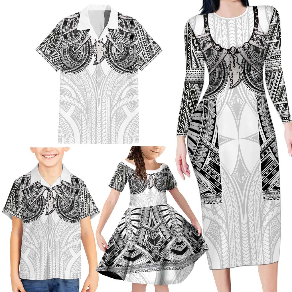 Samoan Traditional Art Tattoos Family Matching Long Sleeve Bodycon Dress and Hawaiian Shirt Tatau Tribal Motifs with Ula Nifo White - Polynesian Pride