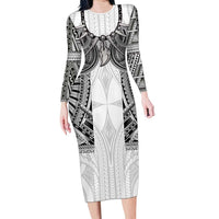 Samoan Traditional Art Tattoos Family Matching Long Sleeve Bodycon Dress and Hawaiian Shirt Tatau Tribal Motifs with Ula Nifo White - Polynesian Pride