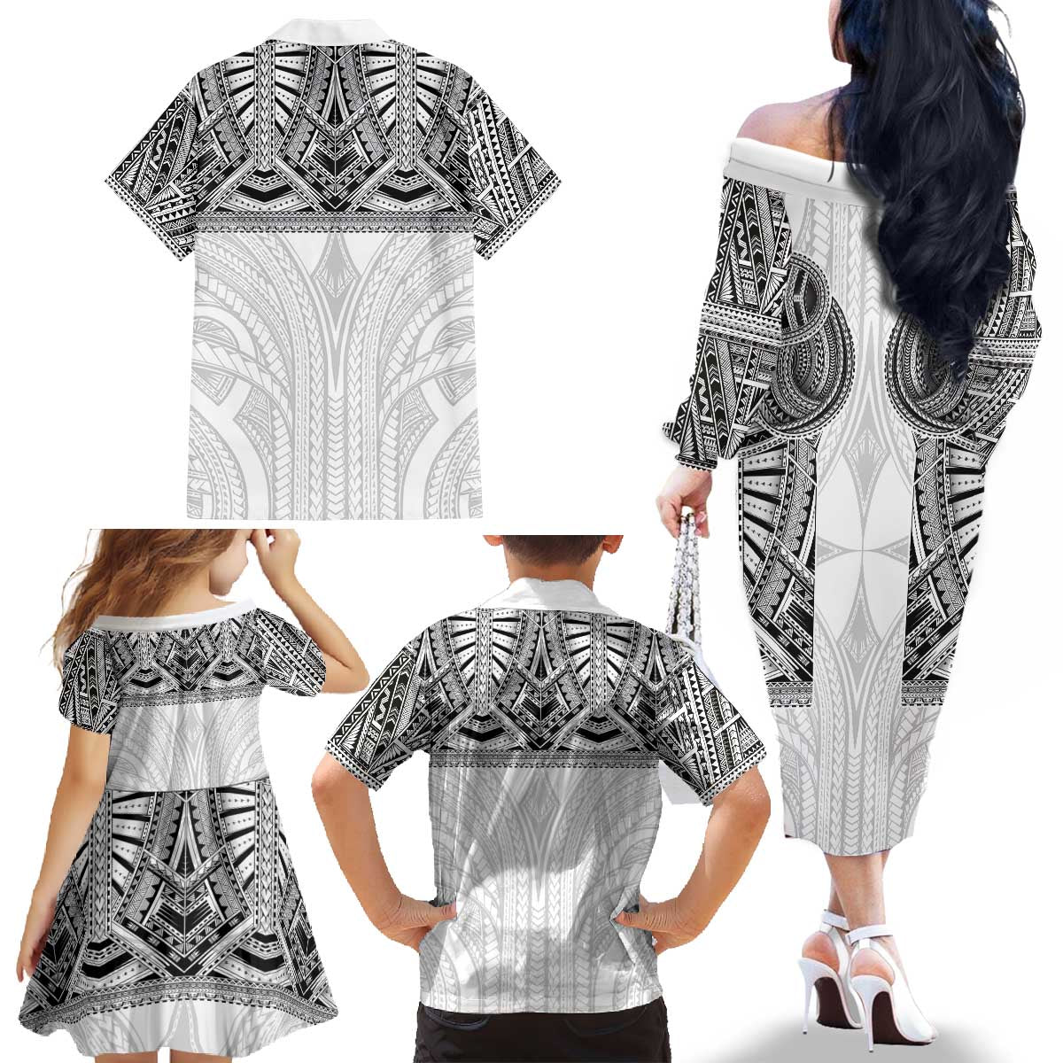 Samoan Traditional Art Tattoos Family Matching Off The Shoulder Long Sleeve Dress and Hawaiian Shirt Tatau Tribal Motifs with Ula Nifo White - Polynesian Pride
