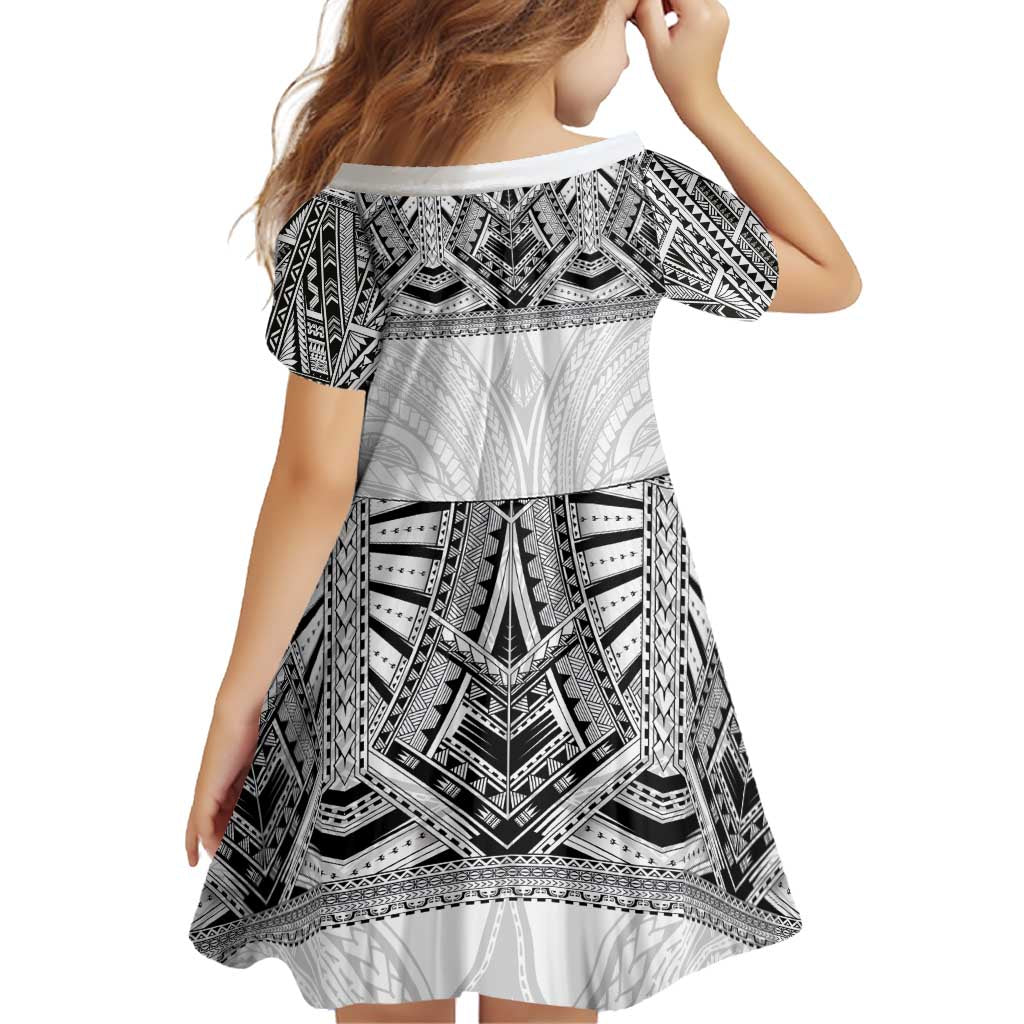 Samoan Traditional Art Tattoos Family Matching Off Shoulder Short Dress and Hawaiian Shirt Tatau Tribal Motifs with Ula Nifo White - Polynesian Pride