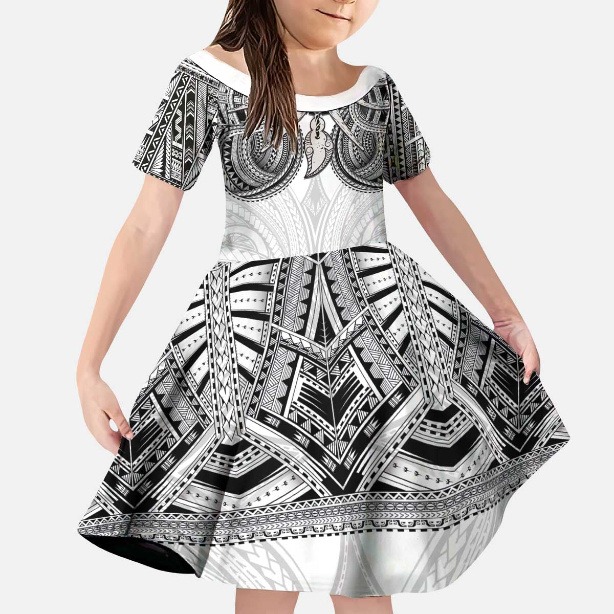 Samoan Traditional Art Tattoos Kid Short Sleeve Dress Tatau Tribal Motifs with Ula Nifo White - Polynesian Pride