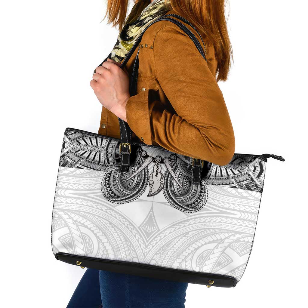 Samoan Traditional Art Tattoos Leather Tote Bag Tatau Tribal Motifs with Ula Nifo White - Polynesian Pride