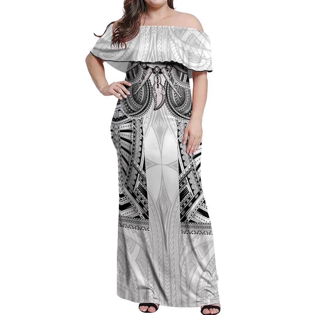 Samoan Traditional Art Tattoos Off Shoulder Maxi Dress Tatau Tribal Motifs with Ula Nifo White - Polynesian Pride