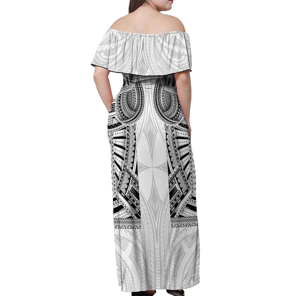 Samoan Traditional Art Tattoos Off Shoulder Maxi Dress Tatau Tribal Motifs with Ula Nifo White - Polynesian Pride