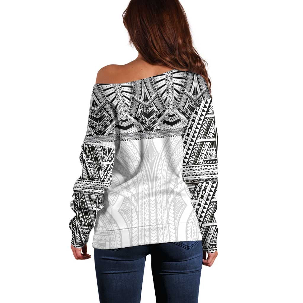 Samoan Traditional Art Tattoos Off Shoulder Sweater Tatau Tribal Motifs with Ula Nifo White - Polynesian Pride