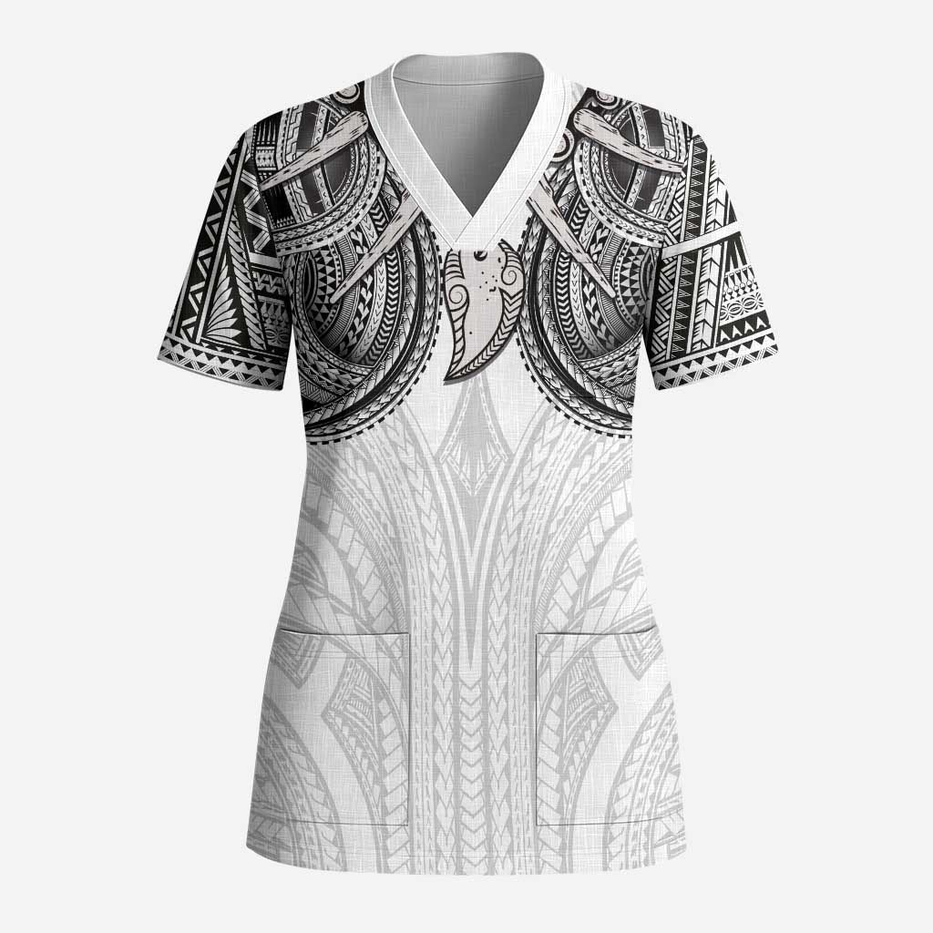 Samoan Traditional Art Tattoos Scrub Top Tatau Tribal Motifs with Ula Nifo White - Polynesian Pride