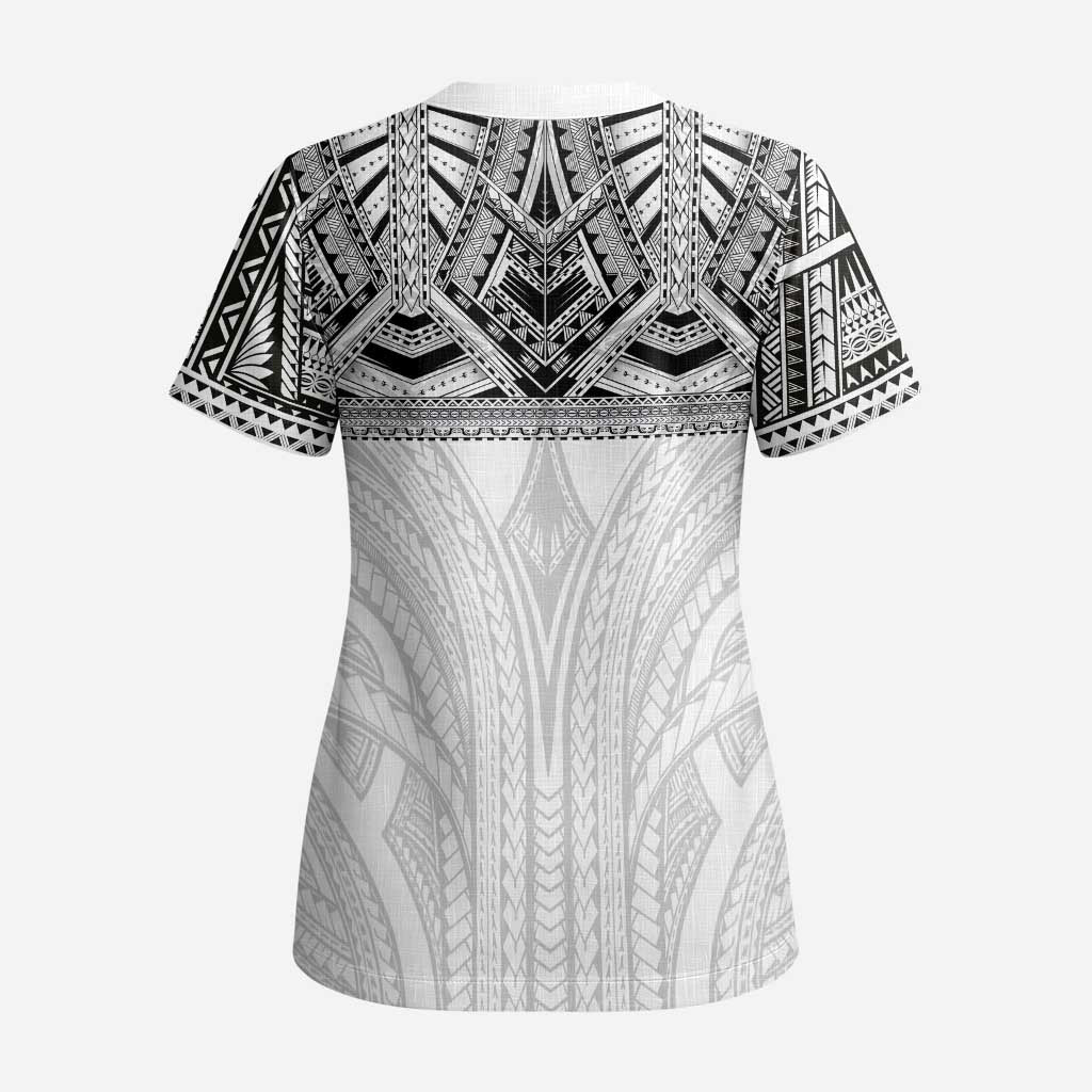 Samoan Traditional Art Tattoos Scrub Top Tatau Tribal Motifs with Ula Nifo White - Polynesian Pride