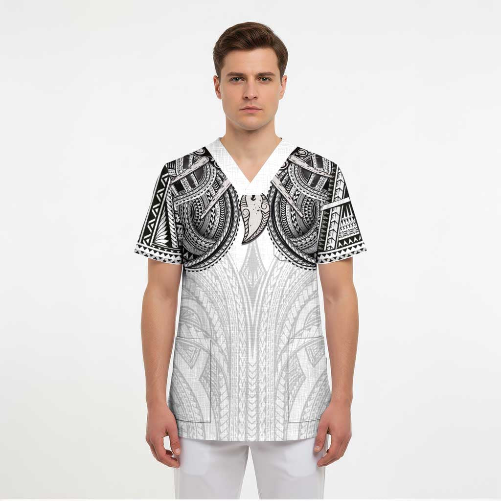 Samoan Traditional Art Tattoos Scrub Top Tatau Tribal Motifs with Ula Nifo White - Polynesian Pride