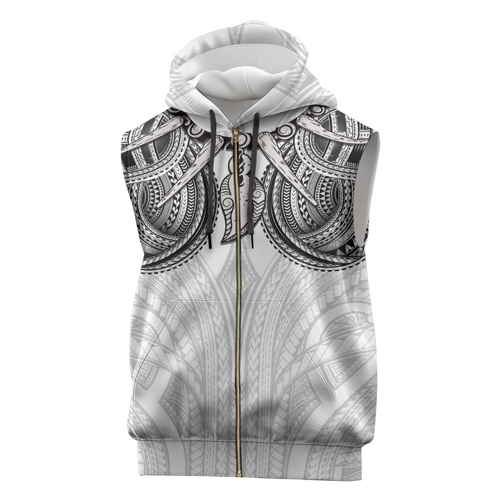 Samoan Traditional Art Tattoos Sleeveless Zip Hoodie Tatau Tribal Motifs with Ula Nifo White - Polynesian Pride