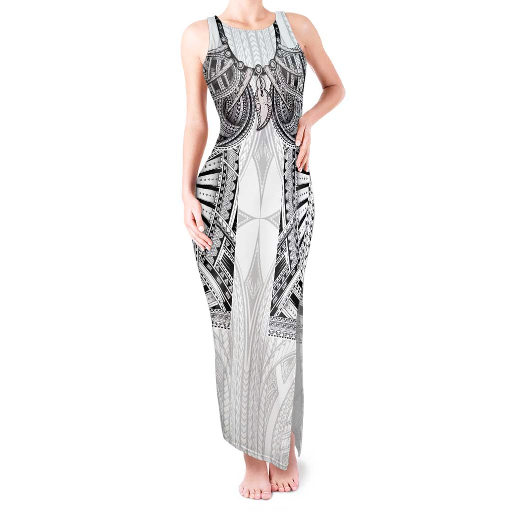 Samoan Traditional Art Tattoos Tank Maxi Dress Tatau Tribal Motifs with Ula Nifo White - Polynesian Pride