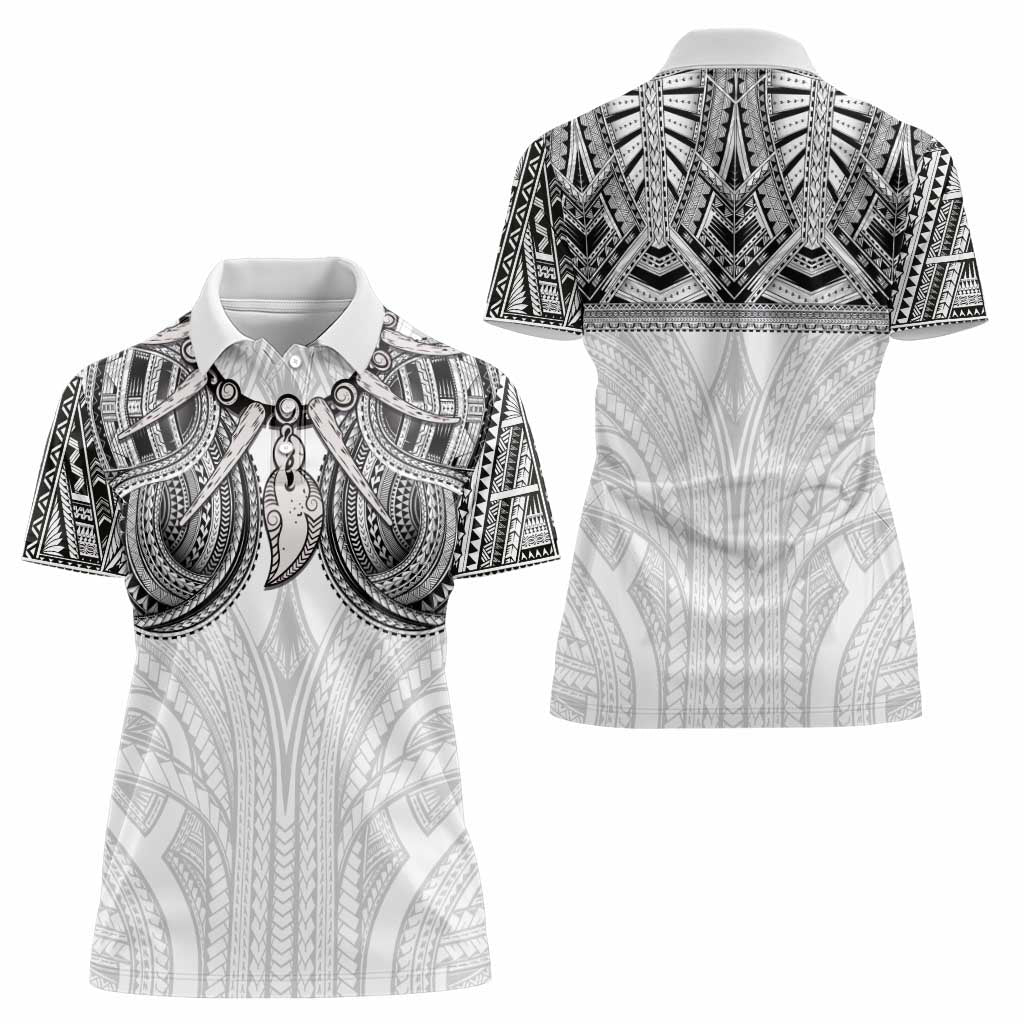 Samoan Traditional Art Tattoos Women Polo Shirt Tatau Tribal Motifs with Ula Nifo White - Polynesian Pride