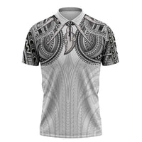 Samoan Traditional Art Tattoos Zipper Polo Shirt Tatau Tribal Motifs with Ula Nifo White - Polynesian Pride