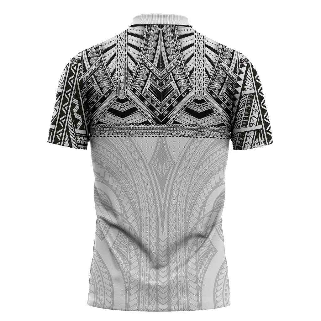 Samoan Traditional Art Tattoos Zipper Polo Shirt Tatau Tribal Motifs with Ula Nifo White - Polynesian Pride
