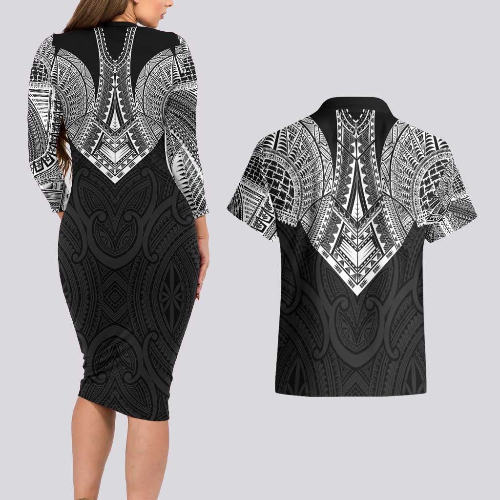 Samoan Traditional Art Tattoos Couples Matching Long Sleeve Bodycon Dress and Hawaiian Shirt Tatau Roman Reigns Black Color - Polynesian Pride