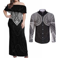 Samoan Traditional Art Tattoos Couples Matching Off Shoulder Maxi Dress and Long Sleeve Button Shirt Tatau Roman Reigns Black Color - Polynesian Pride