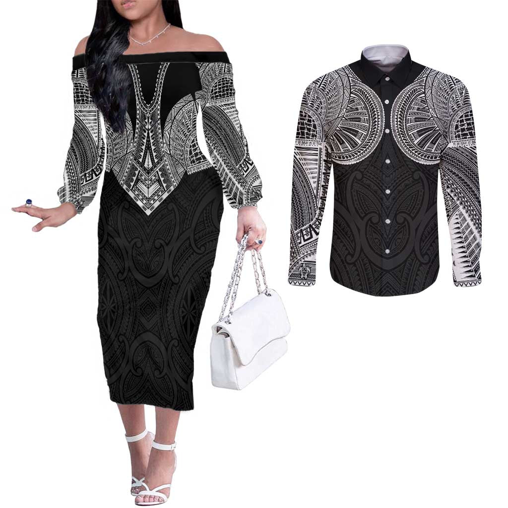 Samoan Traditional Art Tattoos Couples Matching Off The Shoulder Long Sleeve Dress and Long Sleeve Button Shirt Tatau Roman Reigns Black Color - Polynesian Pride