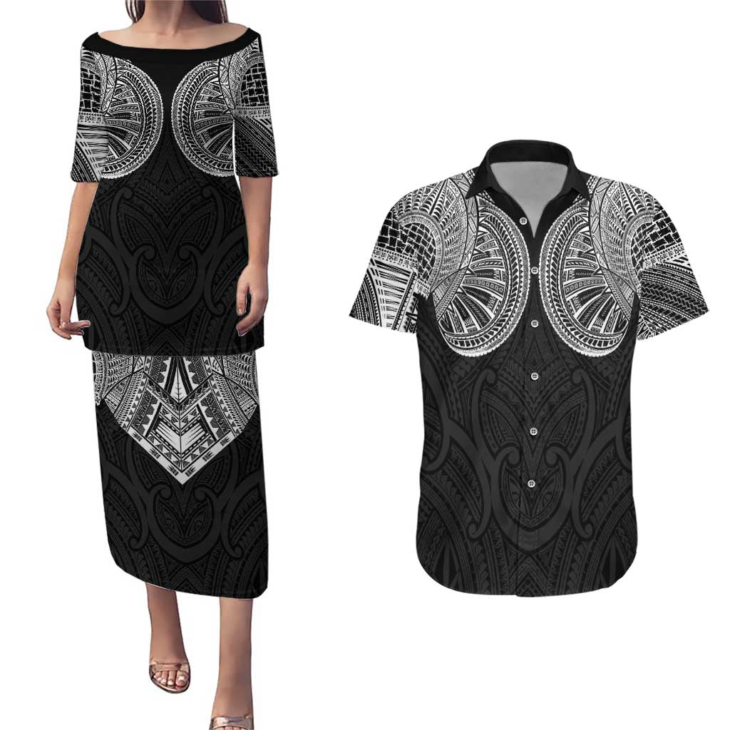 Samoan Traditional Art Tattoos Couples Matching Puletasi and Hawaiian Shirt Tatau Roman Reigns Black Color - Polynesian Pride